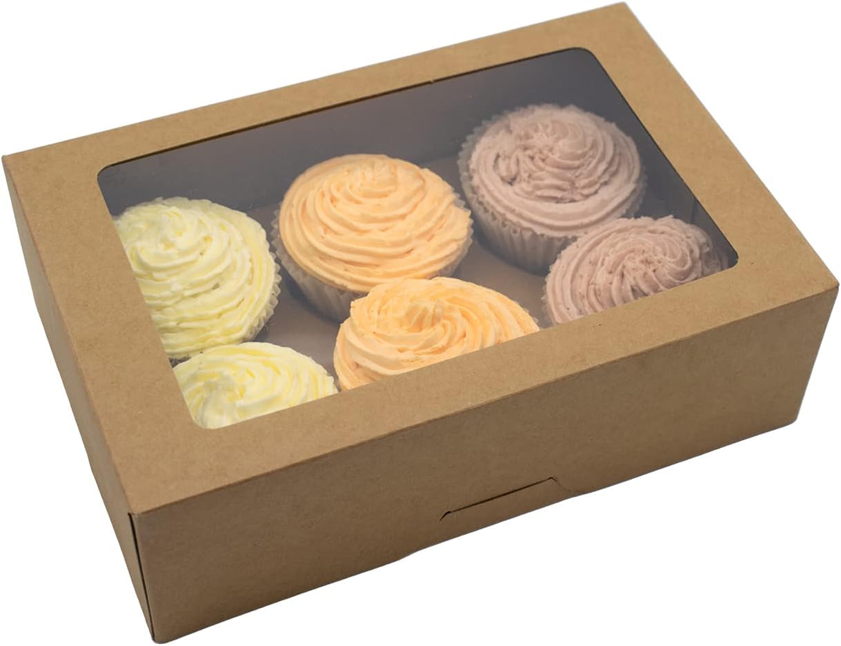10 Pack Cupcake Boxes with Auto Pop Up, Window, 6 Hole Inserts | Kraft | Holds 6 Cupcakes | Bakery Box Perfect for Desserts, Cakes, Cookies, Pastries, Brownies, Muffins | Wedding, Party, Gift, Brown