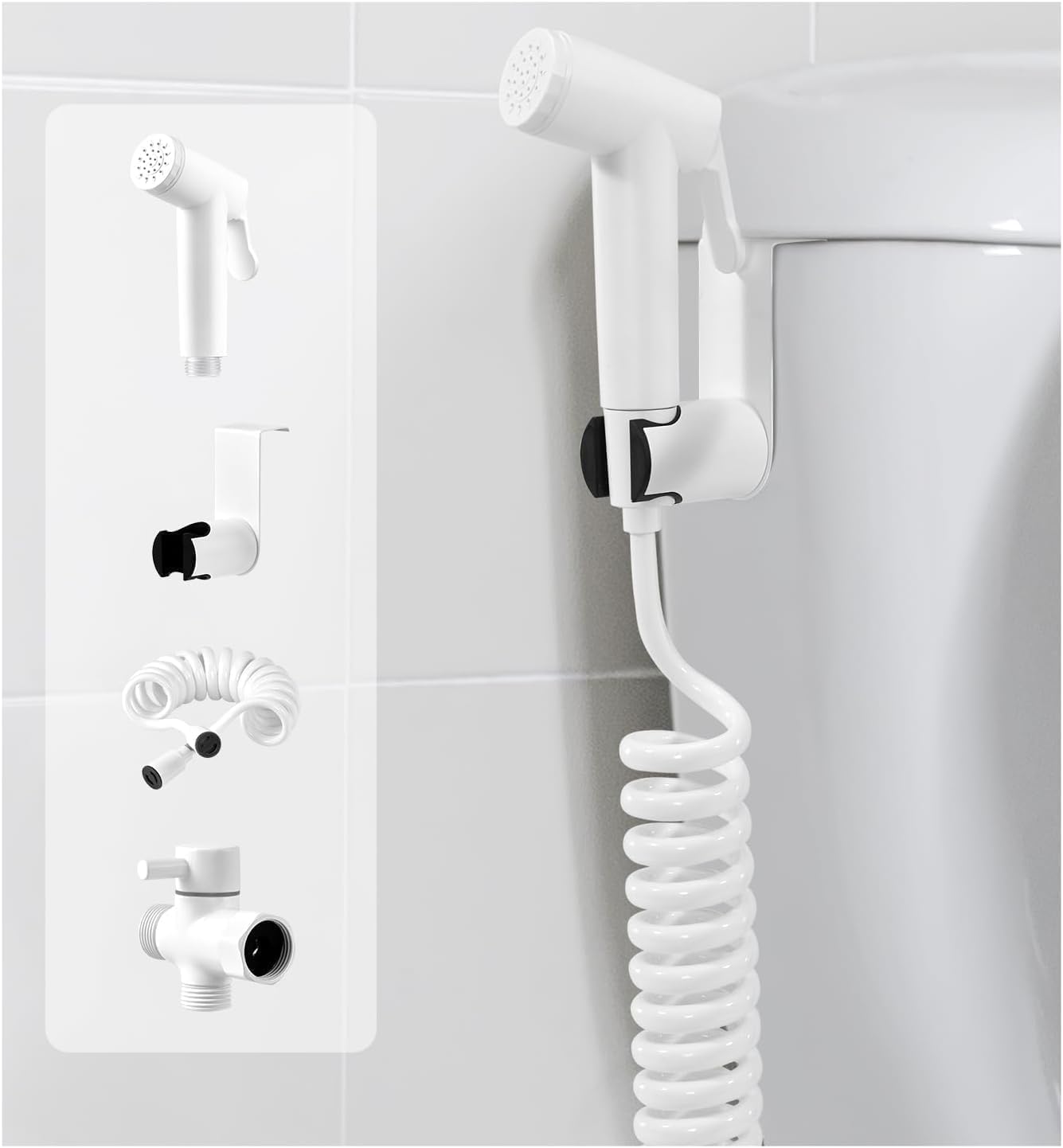 Handheld Bidet Sprayer Kit for Toilet, Bidet Faucet Cloth Diaper, Baby Wash, Pet Wash or Toilet Cleaning, with Spring Type Bidet Hose (White)