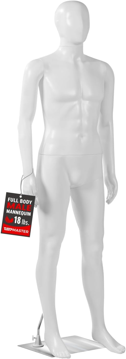 TopMaster Male Form Mannequin - Versatile 360° Design, Easy Assemble, Full Body 38'' Chest Male Mannequin with Adjustable Posture, Turnable Head and Flexible Limbs - White