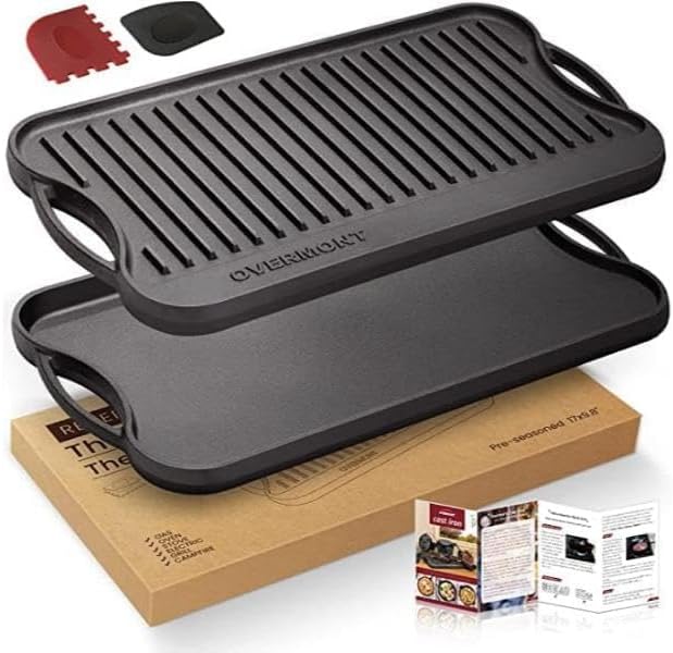 OVERMONT Pre-Seasoned Cast Iron Reversible Griddle Grill Pan with Handles for Gas Stovetop Open Fire Oven, 43.18 * 24.89CM (17x9.8) - One Tray, Scrapers Included