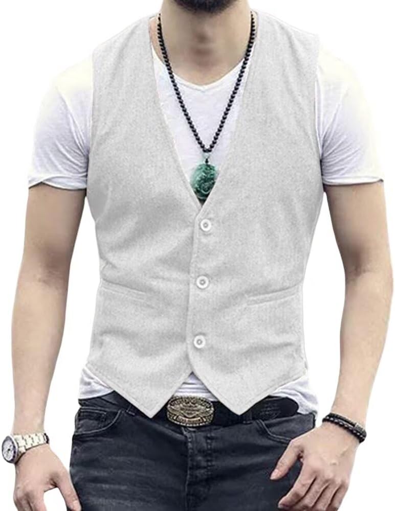 Men's Linen Suit Vest Vintage Beach Wedding Dress Vest Summer Casual Waistcoat for Party Groomsmen