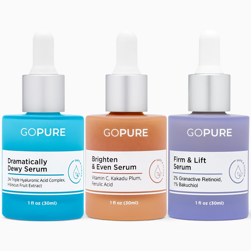 goPure Power Serum Trio Set - Radiant Vitamin C Serum, Hydrating Hyaluronic Acid, Bakuchiol and Retinol for Visibly Brighter, Moisturized, and Firmer-Looking Skin - Set of 3, 1.0 fl oz