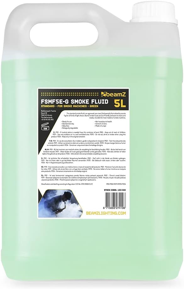 beamz Eco-Friendly Smoke Machine Liquid 5L, Green Smoke Fluid, Professional Low Density Fog Effect, Odourless Non-Toxic Formula, Slow Dispersal with No Residue for Parties and Events