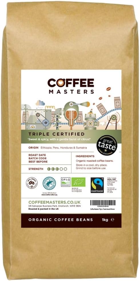 Coffee Masters Triple Certified Arabica Coffee Beans 1kg - Fairtrade, Organic, Medium Roast Whole Bean Ideal for Espresso Machines - The Great Taste Award Winner