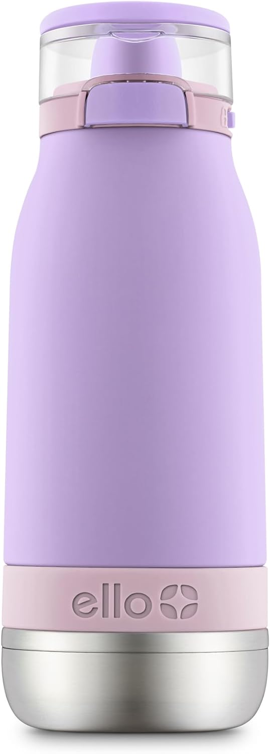 Ello Emma 14oz Vacuum Insulated Stainless Steel Kids Water Bottle with Straw and Built-in Carrying Handle and Leak-Proof Locking Lid for School Backpack, Lunchbox and Outdoor Sports