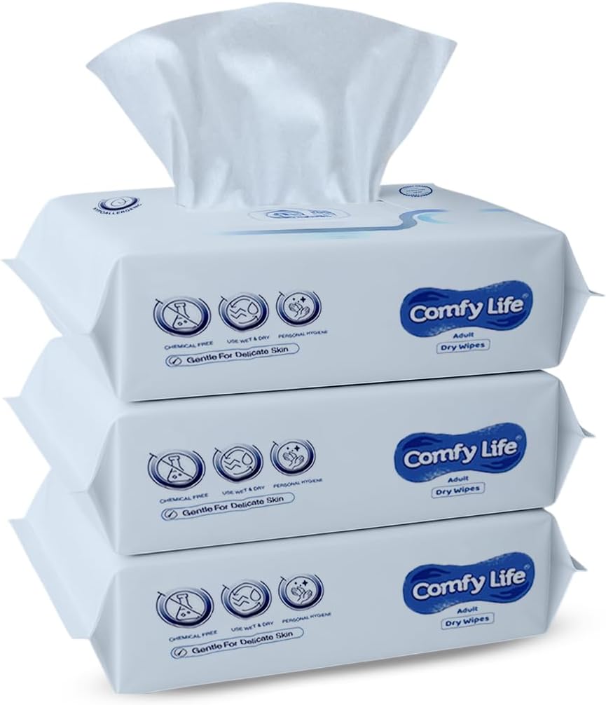 Comfy Life Dry Wipes for Adult Personal Care – Soft & Extra Large Body Cleaning Wipes – 300 Sheets (Pack of 3) – Unscented, Gentle for Sensitive Skin, Bathing & Incontinence Care