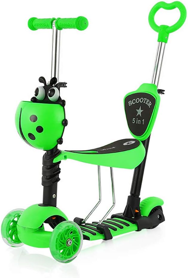 Dripex 5-in-1 Kids Scooter Toddler Scooter with Flashing Led Light Up Wheels 3 Wheels Kick Scooter with Adjustable Handlebar Removable Seat and Push Handle