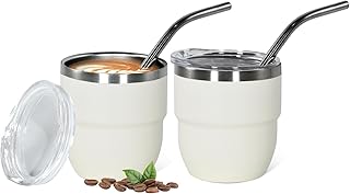 4oz Stackable Cup, Vacuum Insulated Espresso Coffee Cup Set of 2, Espresso Shot Glass, Double Wall Stainless Steel Mini Tumbler Shot Glasses with Straw and Lid