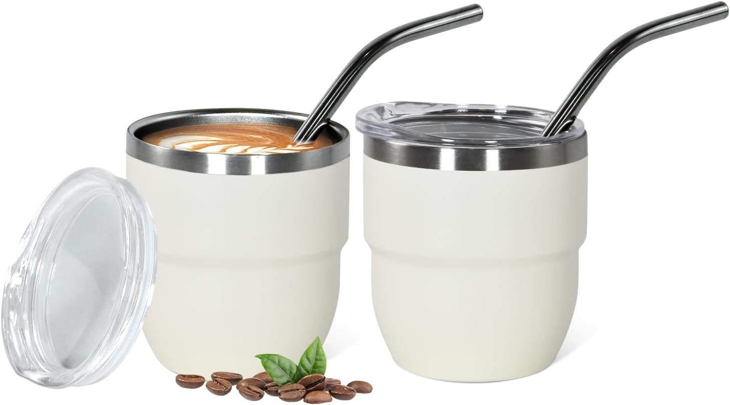 4oz Stackable Cup, Vacuum Insulated Espresso Coffee Cup Set of 2, Espresso Shot Glass, Double Wall Stainless Steel Mini Tumbler Shot Glasses with Straw and Lid