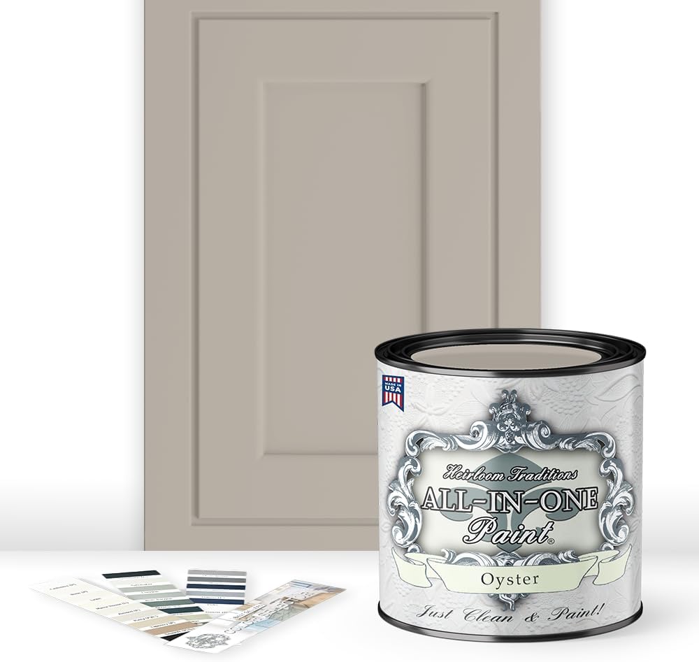 ALL-IN-ONE Paint, Durable cabinet and furniture paint. Built in primer and top coat, no sanding needed. Includes our 30 featured color card - Oyster (taupe), Quart