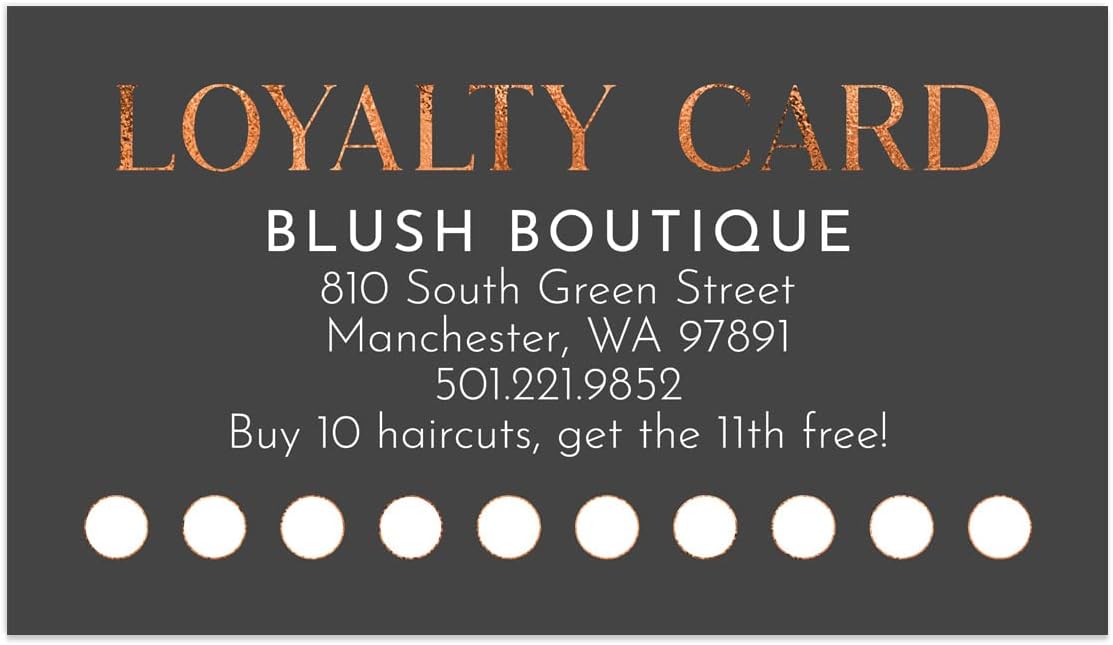 Personalized Feminine Faux Copper Foil Loyalty Cards / 100 Custom Small Business Gray Reward Punch Cards / 2" x 3.5" Flat Bonus Visit Card Pack/Made In The USA