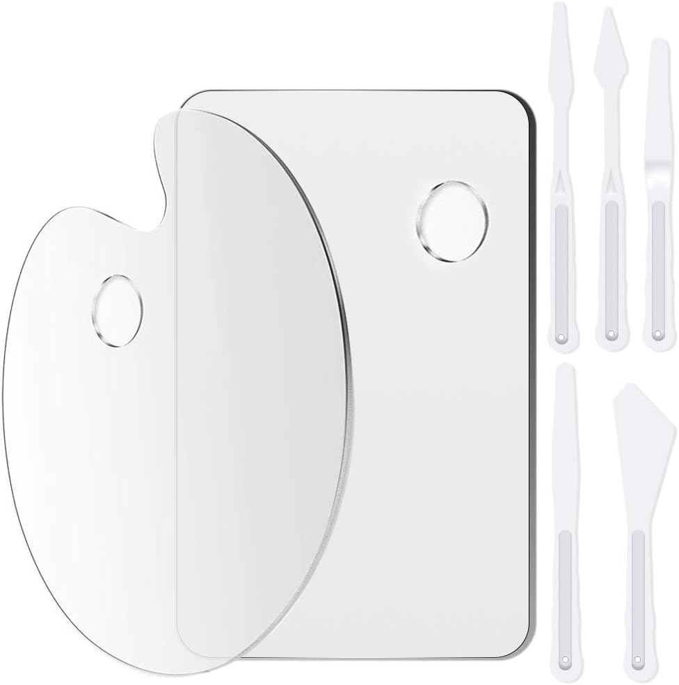 Rybtd 2PCS Acrylic Paint Palette with 5PCS Plastic Palette Tool Set Ellipse Clear Paint Palette Rectangle Non-Stick Art Palette with Thumb Hole Perfect for Oil Painting Beginner Students Artists