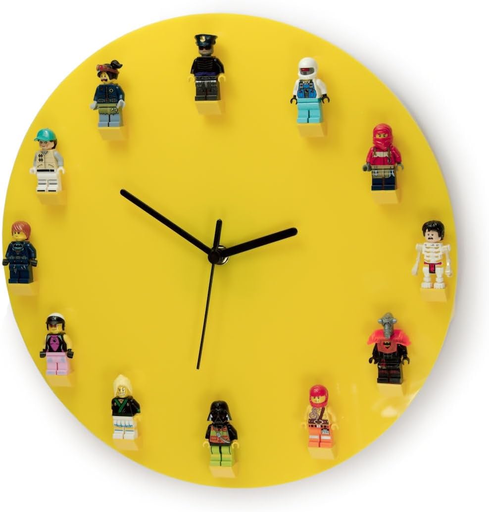 TIELO Mini Figure Holder Wall Clock Unique Lego Gift Idea (Yellow)