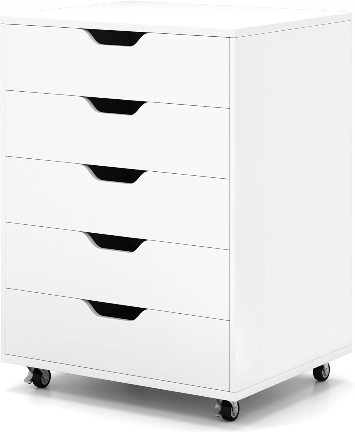 COSTWAY Mobile File Cabinet, 5 Drawers Lateral Stationery Storage Organiser Chest with Wheels, Home Office Printer Stand Side Filing Cupboard (White)