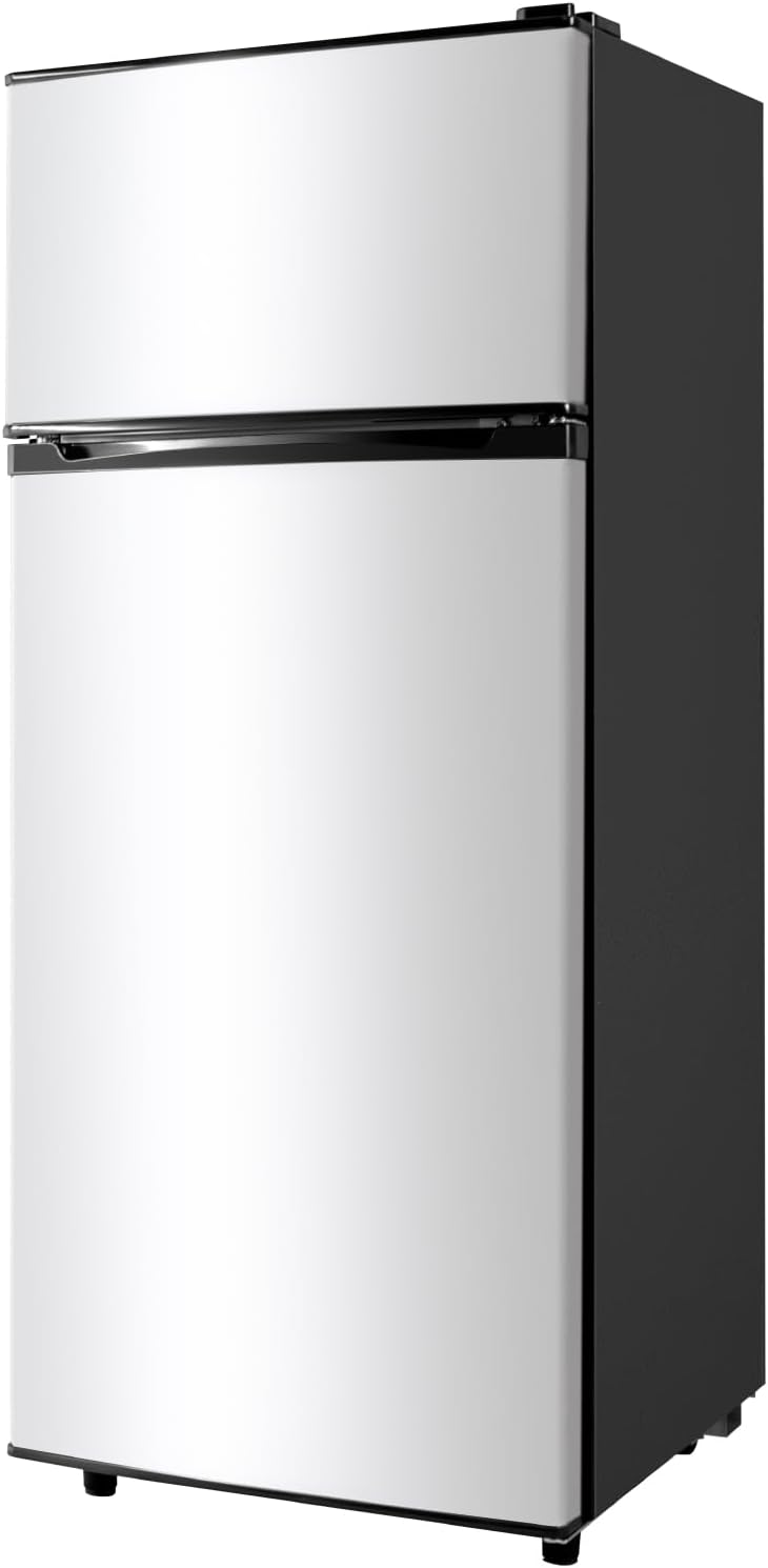 4.4 Cu.Ft Double Door Refrigerator with Freezer, Mini Fridge for Bedroom Office Dorm and Apartment, Small Compact Refrigerators with Wheels, Low Noise, Energy Saving (Silver)