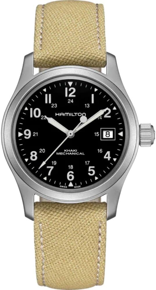 Hamilton Watch Khaki Field Mechanical | Swiss Made | 38mm Stainless Steel Case | Black Dial Analog Watch | Beige Canvas Strap (Model: H69439933)