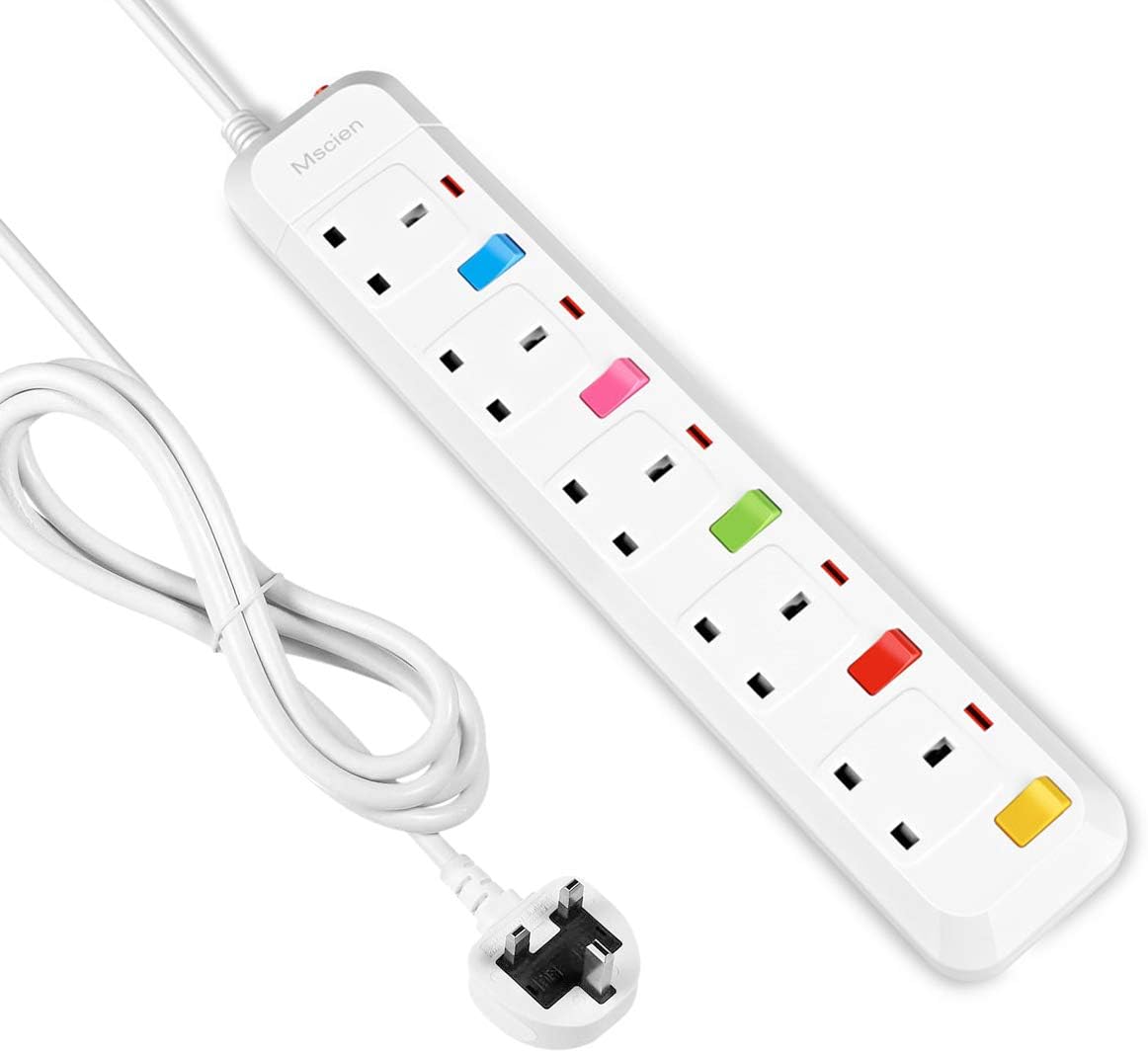 5M Extension Lead 5 Way Individually Switched,Mscien Surge Protected Extension Cord with 5 Meter Long Cable-White/Random Switch Color