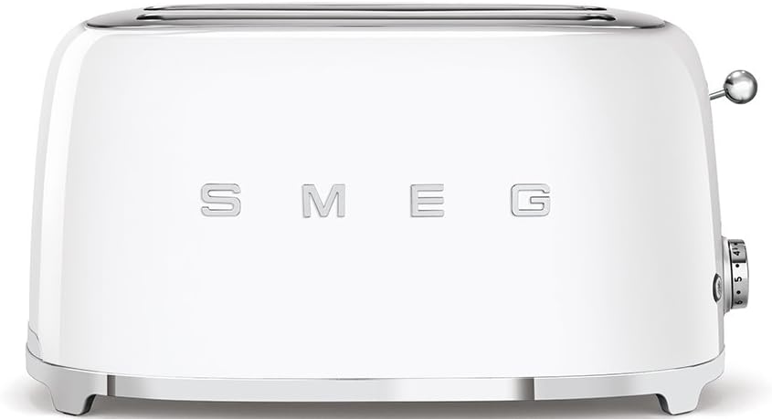 SMEG TSF02 4-Slice Toaster, 50s Retro Style, 2 Extra-Wide Long Slots, Bagel Defrost Reheat Functions, Stainless Steel - White