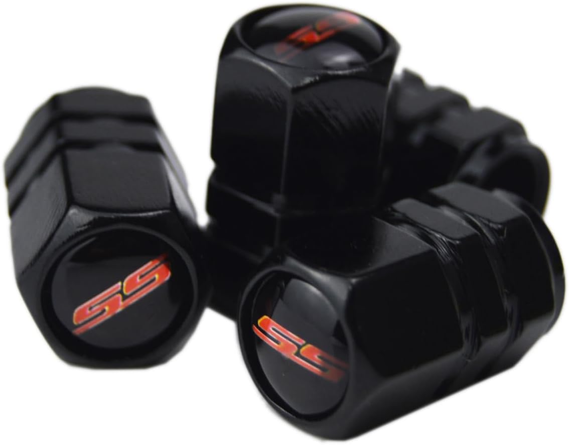 (Set of 4) SS Metal Auto Tire Valve Stem Cap Cover with Resin SS Emblem Trim for Chevy Impala Cobalt Camaro SS for Cars Trucks Motorcycles SUVs RVs and Bikes