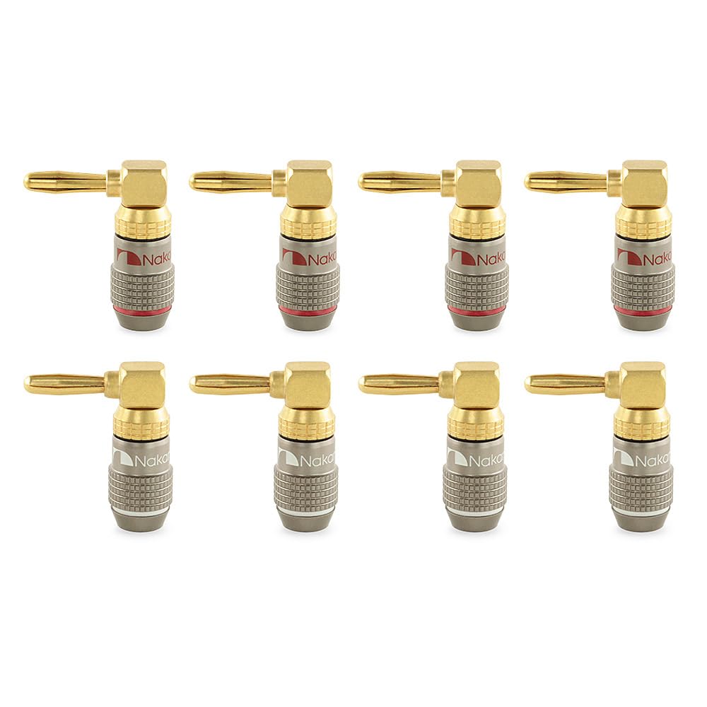 Nakamichi FanLock Excel Series 24k Gold Plated Right-Angle 90 Degree Banana Plug 10 AWG - 18 AWG Gauge Size 4mm for Speakers Amplifier Hi-Fi Home Theatre Wire Cable Quick Connector, 8 Pcs (4-Pairs)