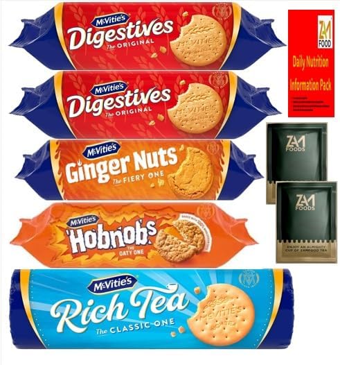 Mixed Assortment of McVitie's Classic Variety Biscuits & Zamfoods Tea, Digestives Rich Tea Ginger Nuts Hobnobs Cookies, Perfect for Sharing & Gifting on Christmas with Zamfoods Nutrition Info Pack