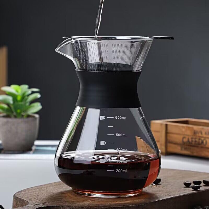 Pour Over Coffee Maker Glass Hand Drip Coffee Brewer Set with Permanent Filter (600ml)