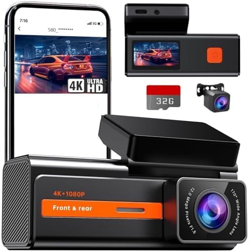 Dash Cam Front and Rear, 4k+1080P Dual Dash Camera for Cars, 1.5” WiFi Mini Dashcam with App, 170°Wide Angle Car Camera, Night Vision, 24H Parking Mode, 32GB Card Included, G-Sensor, Support 256GB Max