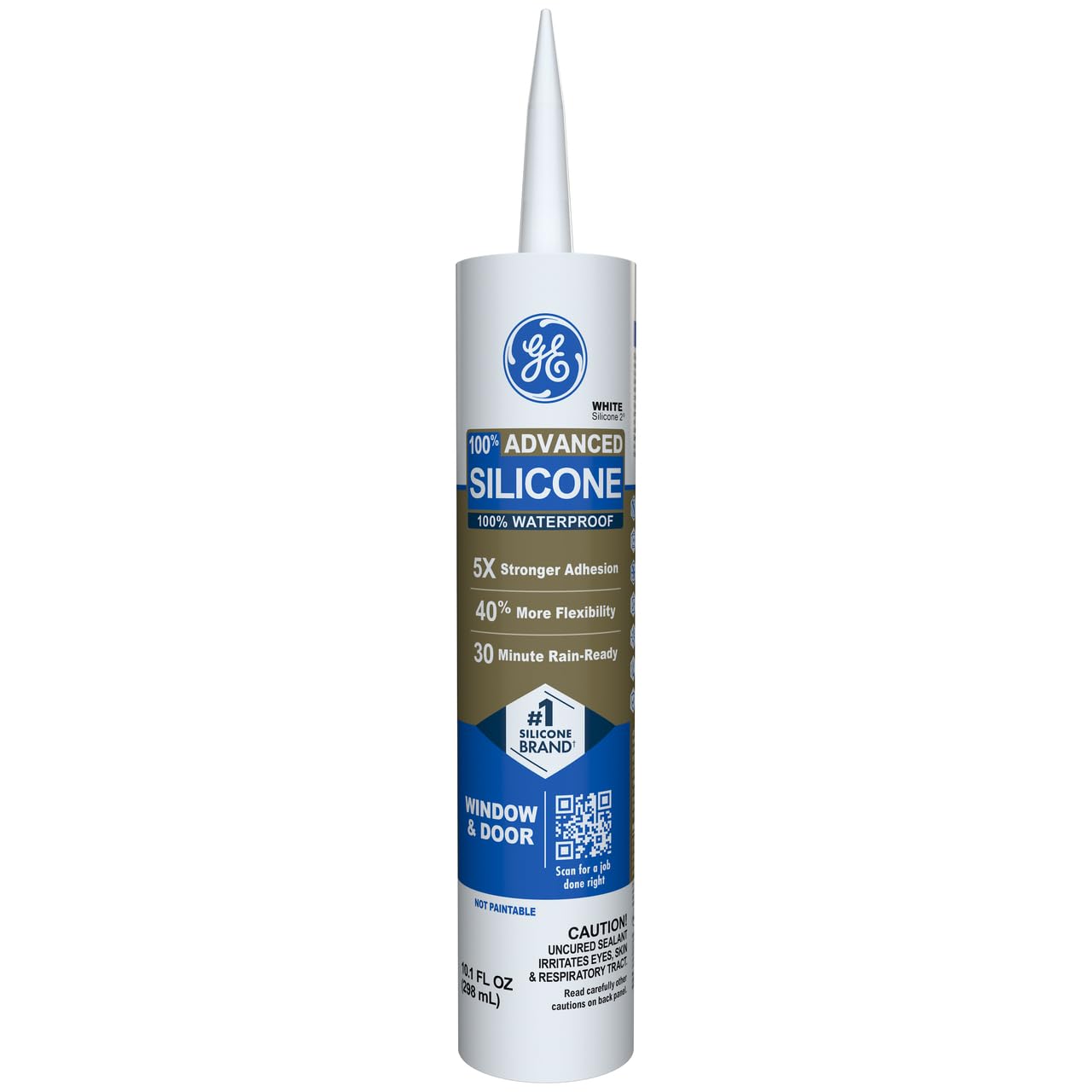 GE Advanced Silicone Caulk for Window & Door, White, 10 fl oz Cartridge, 1 Pack - 100% Waterproof Silicone Sealant, 5X Stronger Adhesion, Shrink & Crack Proof