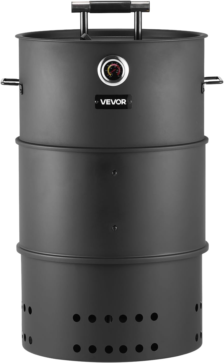 VEVOR Charcoal Smoker Grill, 18.5" Barrel Charcoal BBQ Smoker, Coated Steel Outdoor Barbecue Grill with 2 Grilling Grates, 1 Hanging Rod, 6 Hooks & Thermometer, Ideal for Party Backyard Patio Cooking