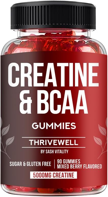 Creatine Monohydrate Gummies 5000mg with 1000mg BCAAs | Vegan & Sugar Free | 90 Premium Gummis | Gel Supplement | Mixed Berry Flavour