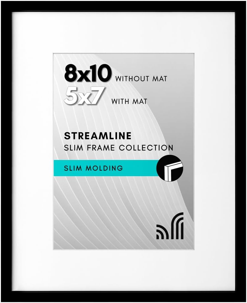 Americanflat 8x10 Picture Frame with Shatter-Resistant Glass - Use as 5x7 Frame with Mat or Display 8x10 Photo Without Mat - Streamline Collection - Picture Frames for Tabletop and Wall - Black