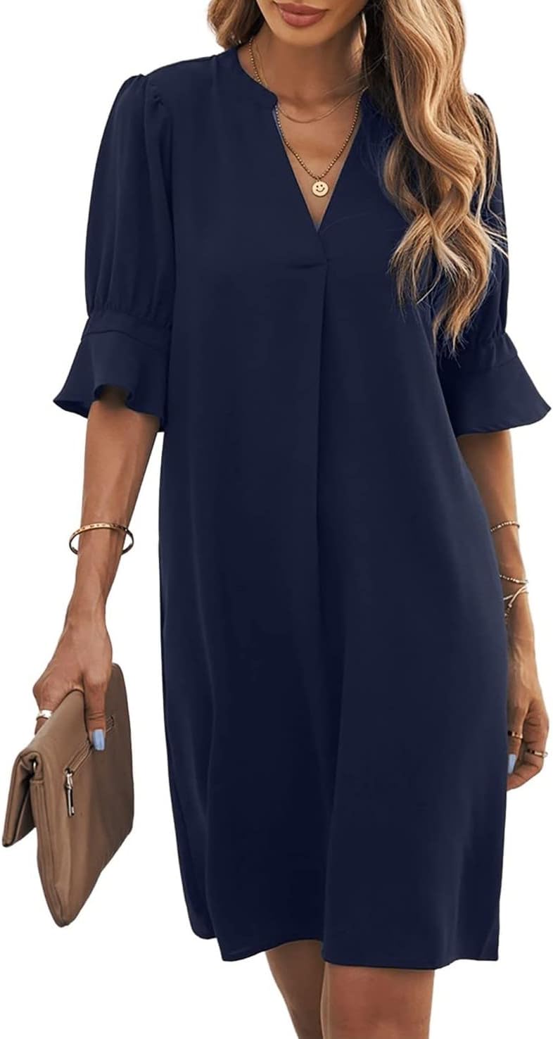 Famulily Women's V Neck Half Sleeve Shirt Dress Elegant Summer Casual Solid Color Short Dress S-XXL