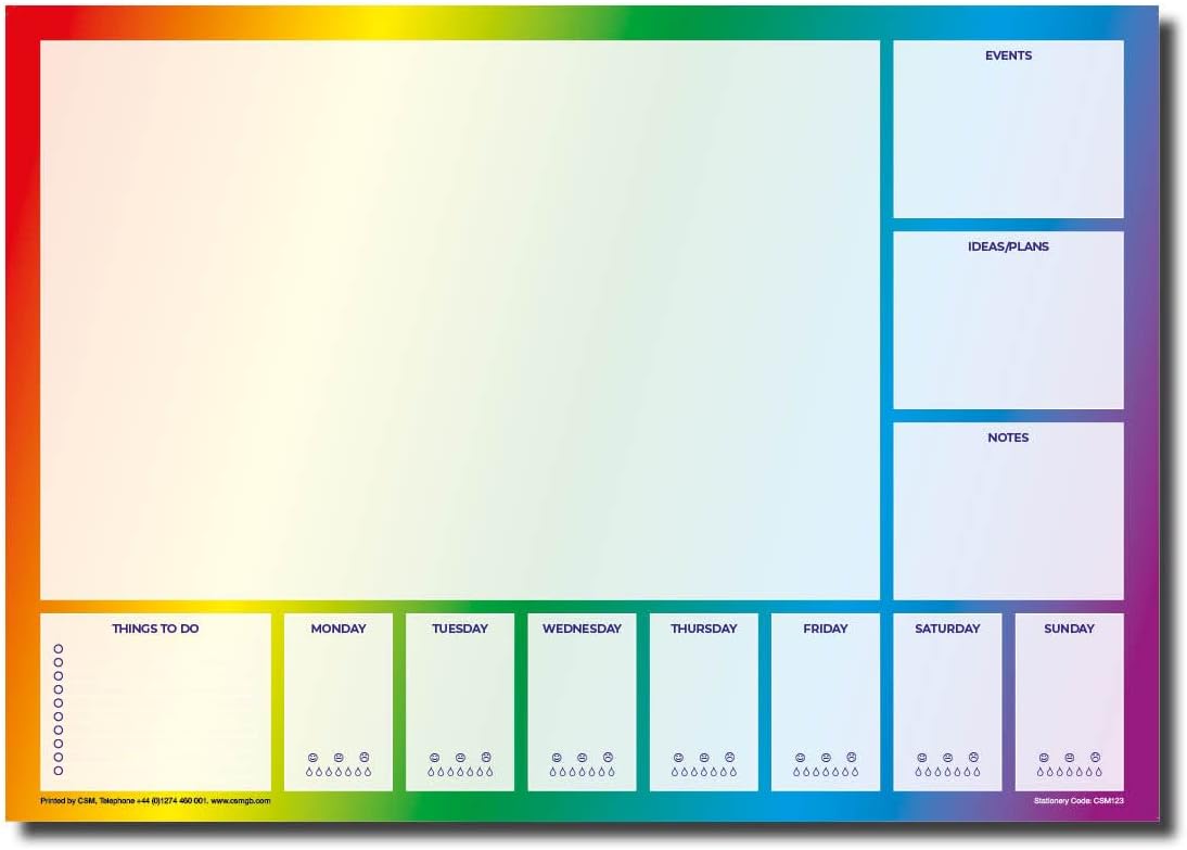 A3 Large Rainbow Coloured Desk Pad and Weekly Planner, 50 Sheets Per Pad, Thicker 90GSM Paper (Single Pack of 1 pad)