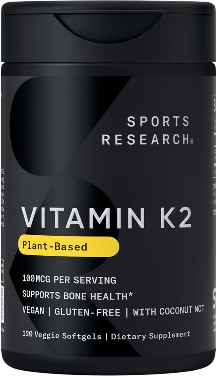 Sports Research® Vitamin K2 as MK-7 100mcg with Coconut MCT Oil - 120 Veggie Softgels (4 Month Supply) Vegan Certified, Non-GMO Verified, Gluten & Soy Free