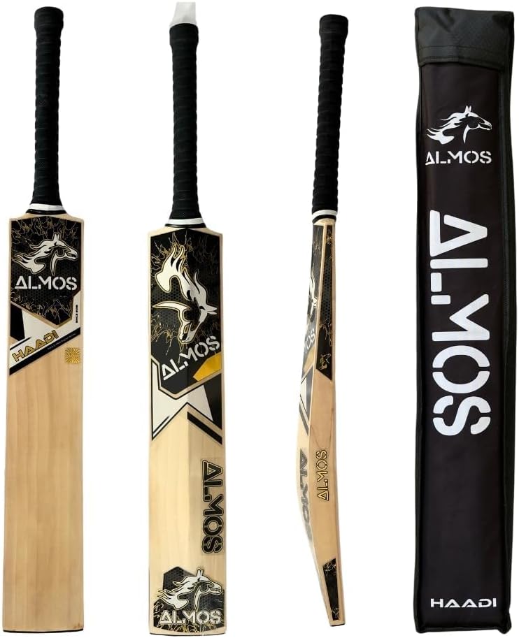 Almos Sports Wooden English Willow Cricket Bat Haadi – Light Weight 2.5 Lbs, Short Handle, 9-12 Grains Hard Hitting, Un-knocked Bat | Ideal for Adult, Training, Practice, Club Play, Backyard Cricket |