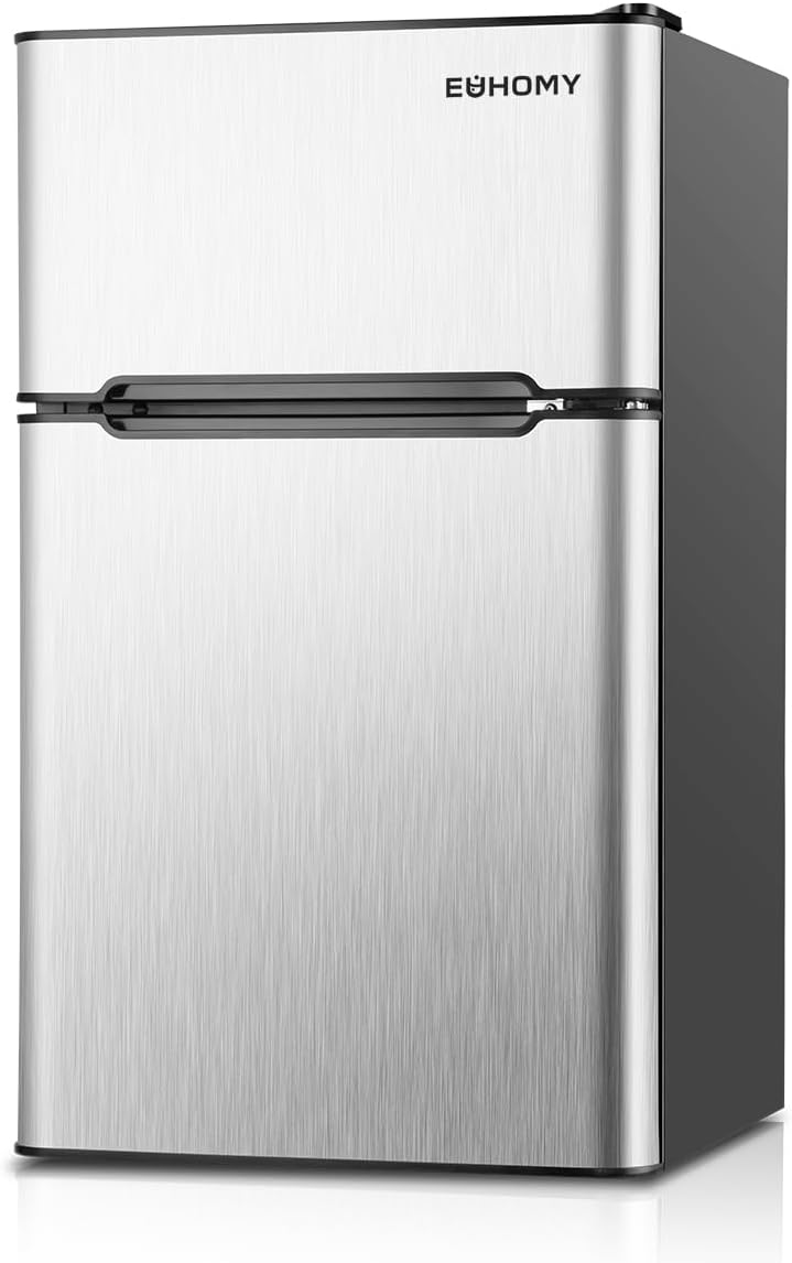 EUHOMY Mini Fridge with Freezer, 3.2 Cu.Ft Compact Refrigerator with freezer, 2 Door Mini Fridge with freezer For Dorm/Bedroom/Office/Apartment- Food Storage or Drink Beer, New Silver