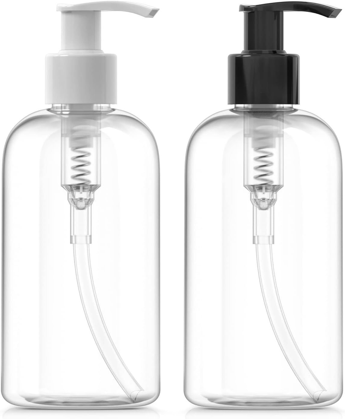Bar5F Plastic Bottles with Pump Dispenser, 8 oz | Leak Proof, Empty, Clear Refillable, BPA Free for Body Wash, Moisturizer, Face Cream, Liquid Soap | Black & White Pumping Caps | Set of 2