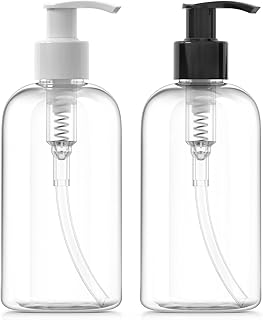Bar5F Plastic Bottles with Pump Dispenser, 8 oz | Leak Proof, Empty, Clear Refillable, BPA Free for Body Wash, Moisturizer, Face Cream, Liquid Soap | Black & White Pumping Caps | Set of 2