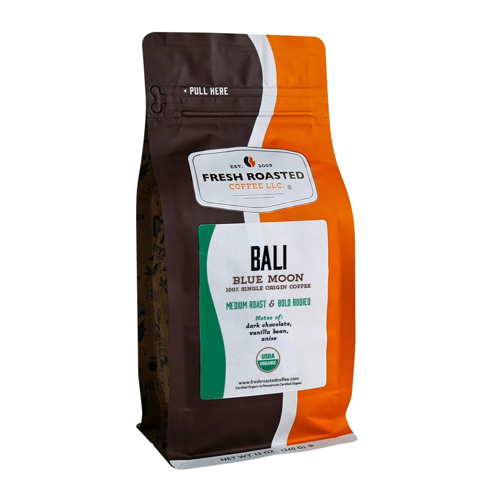 Fresh Roasted Coffee, Organic Bali Blue Moon Drip Ground Coffee, Medium Roast, USDA Organic, Kosher, 12 oz