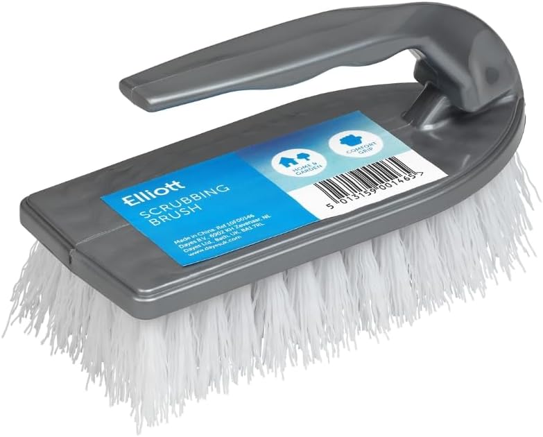 Elliott Iron Shaped Scrubbing Brush with Curved Grip Handle, Durable hard synthetic plastic fibres, Ergonomic shape ideal for deep cleaning, BPA free in a Silver colour