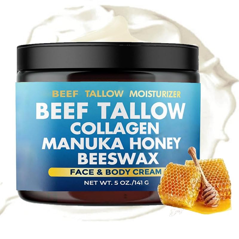 Beef Tallow Collagen Manuka Honey Beeswax, Beef Tallow For Skin, 7 in 1 Moisturizing Grass Fed Beef Tallow Face Cream, Grass Fed Whipped Tallow Honey Balm, Organic Beef Tallow for Face