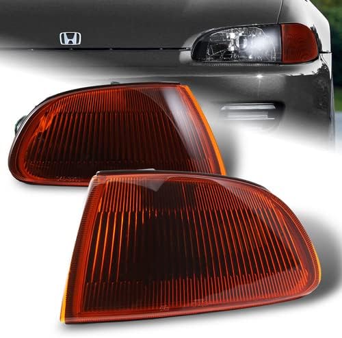 Pair JDM Amber Lens Turn Signal Corner Lights Compatible with 1992-1995 Honda Civic 2DR 3DR, 1993 1994 (Black Housing)