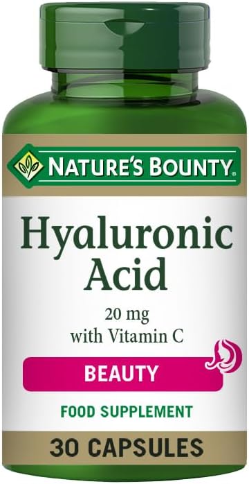 Nature's Bounty Hyaluronic Acid 20 mg with Vitamin C Capsules - Pack of 30 Capsules - Supports Collagen Formation and Skin Structure - Antioxidant Support Against Free Radicals (Pack of 1)