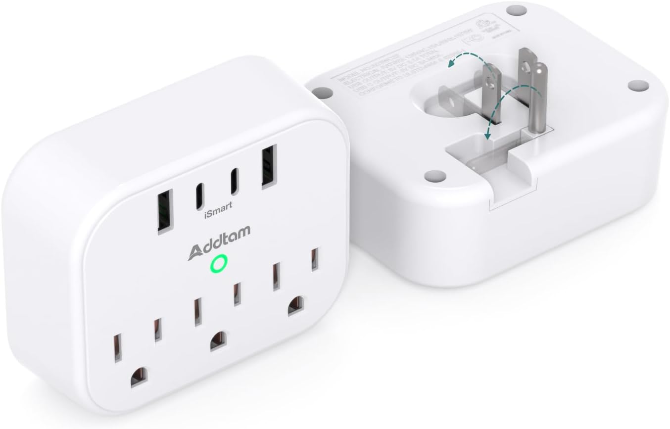 2 Pack Cruise Approved Power Strip, Addtam Outlet Extender with 3 Outlets 4 USB (2 USB-C), Foldable Plug Adapter for Travel Essentials Cruise Must Have