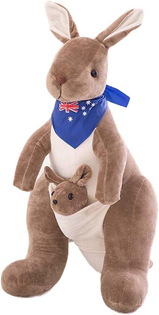 Moonlove 17.7 Inches Mum Kangaroo Hold Baby Roo Soft Toy, 45cm Lovely Cute Animal Plush Doll Kangaroo with Australia Scarf and Joey Cuddly Stuffed Pillow Christmas Birthday Gift