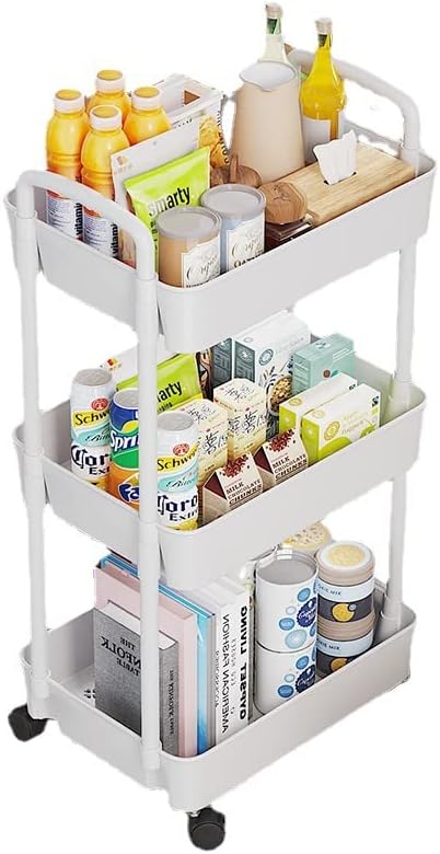 Multibao 3 Tier Storage Trolley Cart on Wheels with Handle Kitchen Bathroom Laundry Narrow Space Rack Space-Saving Mobile Shelving Organizer (White)