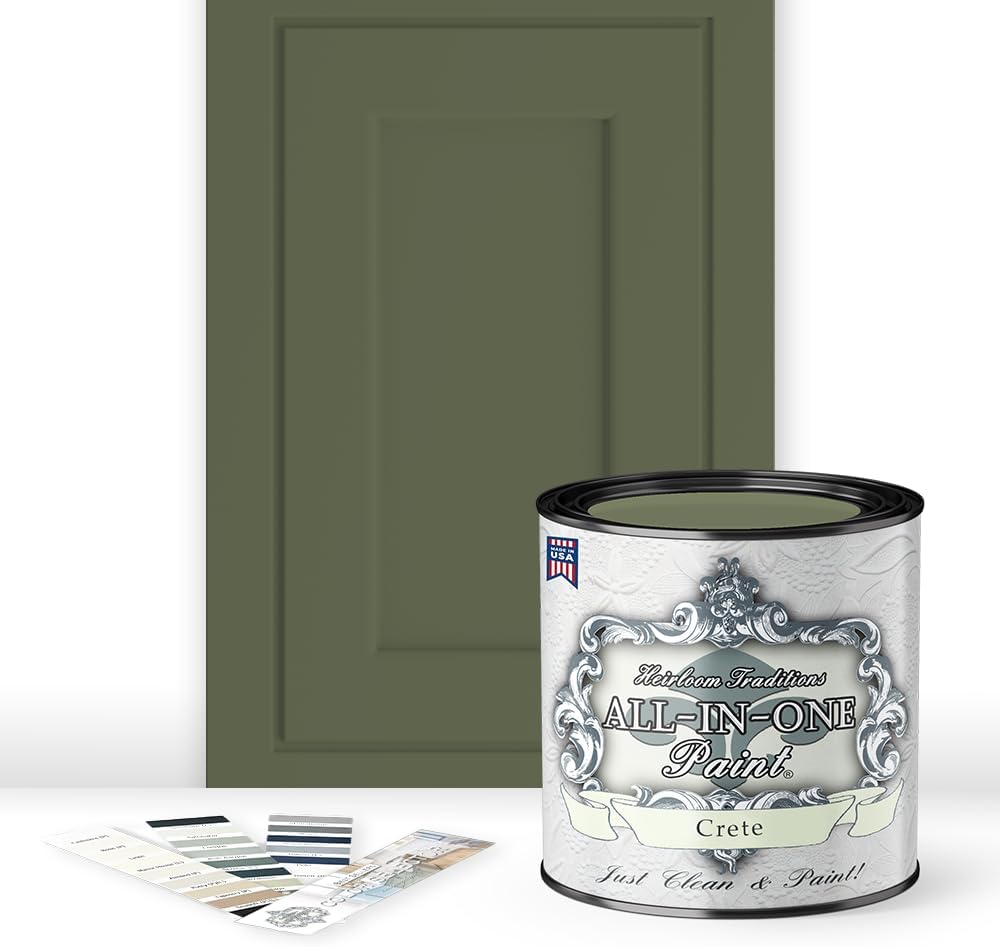 ALL-IN-ONE Paint, Durable cabinet and furniture paint. Built in primer and top coat, no sanding needed. Includes our 30 featured color card - Crete (olive green), Quart