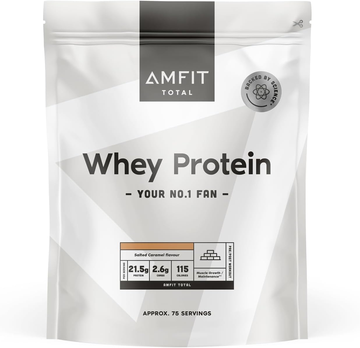 Amazon Brand - Amfit Nutrition Whey Protein Powder, Salted Caramel Flavour, 75 Servings, 2.27 kg (Pack of 1)