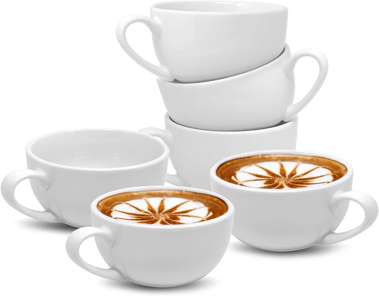 UNIQUE HOME LIVING Cappuccino Cups Set of 6, White Porcelain Cappuccino Cup with Handle, Large 270ml Mug Set for Tea Coffee, Latte, Espresso & Americano, Microwave Freezer and Dishwasher Safe