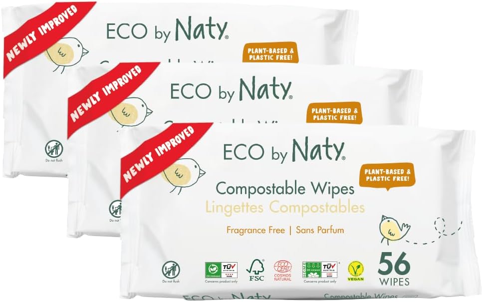Eco by Naty Unscented Baby Wipes - 100% Compostable and Plant-Based Wipes, Good for Babies and Newborn Sensitive Skin (168 Count - 3 packs of 56)